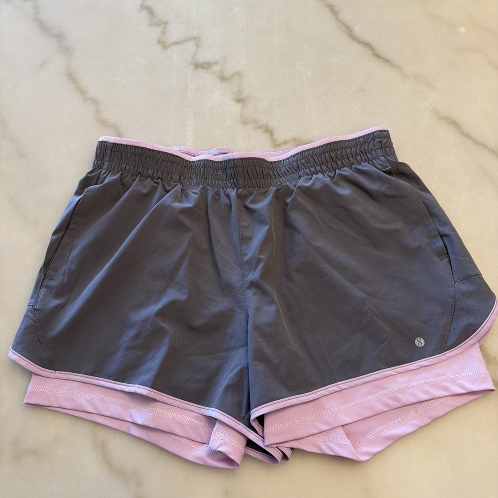 Layer 8 Shorts 2-In-1 Lined Running Athletic Shorts Quick Dry Gray/Pink Size XL